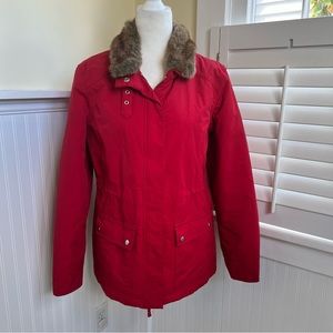 Lands’ End Red Faux Fur Trim Nylon Jacket Women’s Size Medium (10/12)